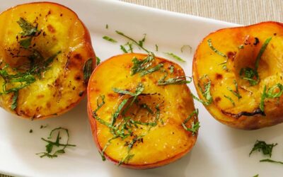 Grilled Peaches with Black Pepper and Basil-Lime Drizzle