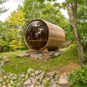 7x8 Panoramic Sauna with change room and porch - Knotty Cedar